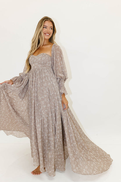 Delilah Maxi Dress with Train in Taupe - Bump Friendly - Sold Out Sizes Restocking in Nov