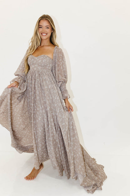 Delilah Maxi Dress with Train in Taupe - Bump Friendly - Sold Out Sizes Restocking in Nov