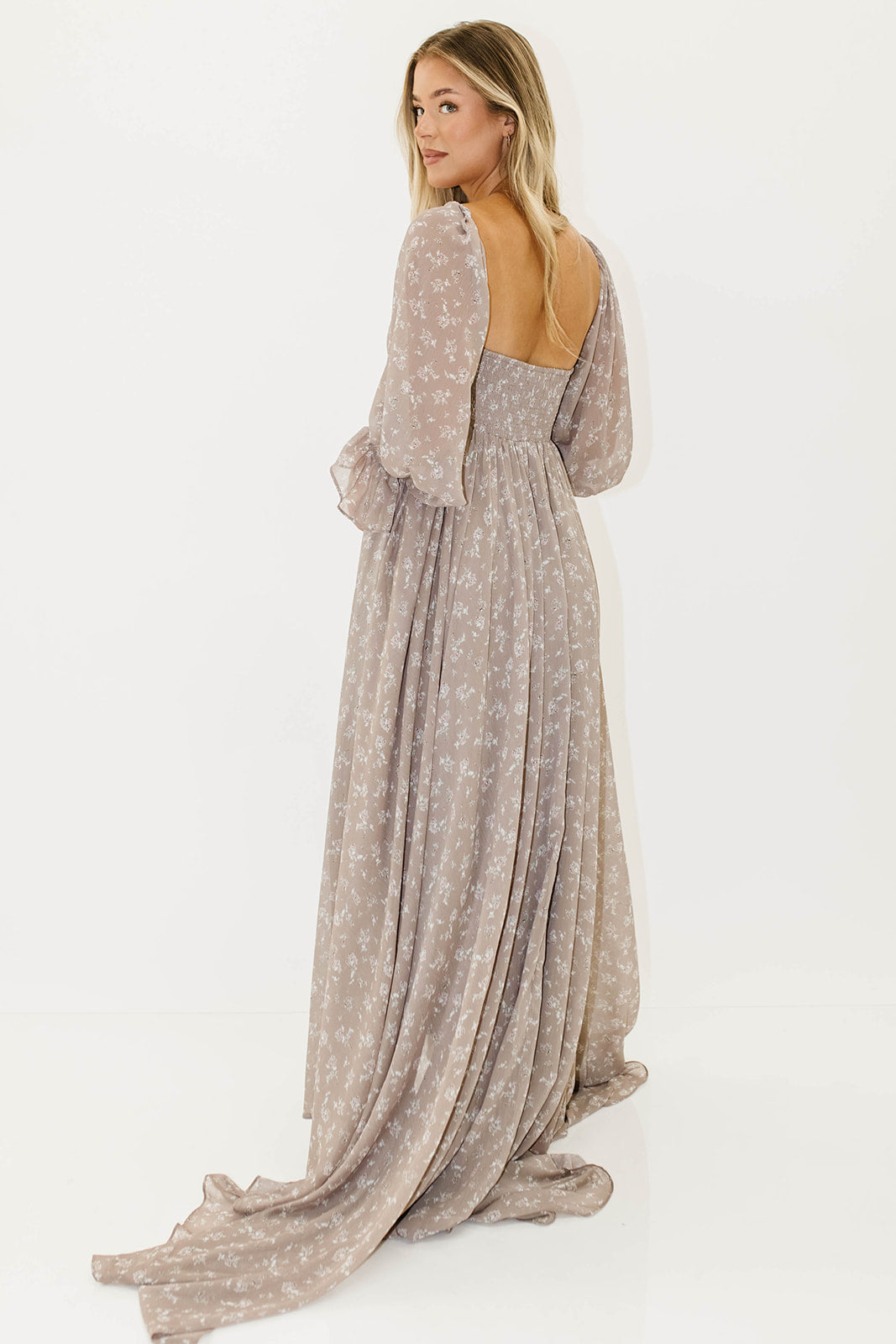 Delilah Maxi Dress with Train in Taupe - Bump Friendly - Sold Out Sizes Restocking in Nov