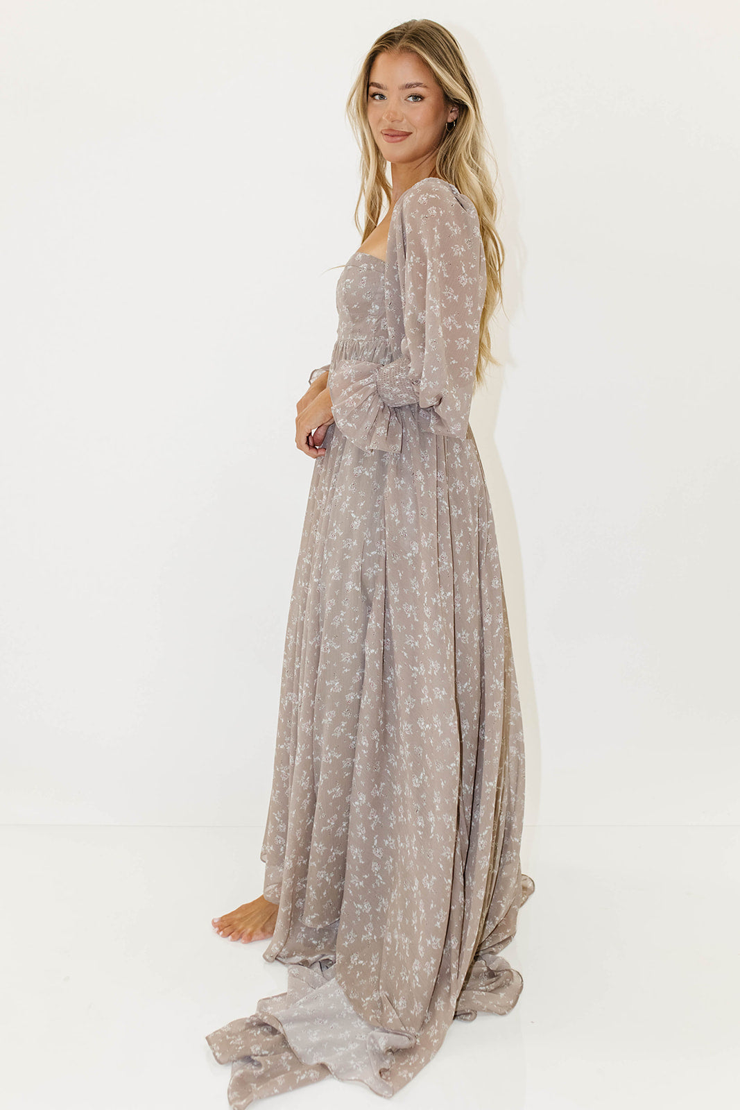 Delilah Maxi Dress with Train in Taupe - Bump Friendly - Sold Out Sizes Restocking in Nov