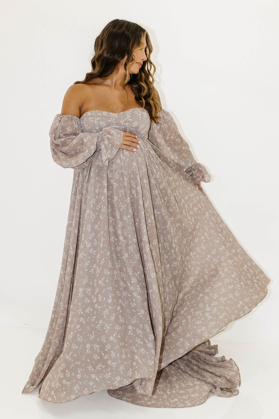 Delilah Maxi Dress with Train in Taupe - Bump Friendly - Sold Out Sizes Restocking in Nov