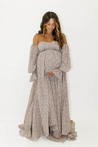 Delilah Maxi Dress with Train in Taupe - Bump Friendly - Sold Out Sizes Restocking in Nov