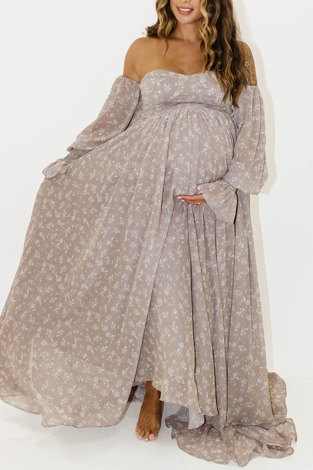 Delilah Maxi Dress with Train in Taupe - Bump Friendly - Sold Out Sizes Restocking in Nov