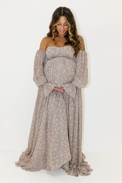 Delilah Maxi Dress with Train in Taupe - Bump Friendly - Sold Out Sizes Restocking in Nov