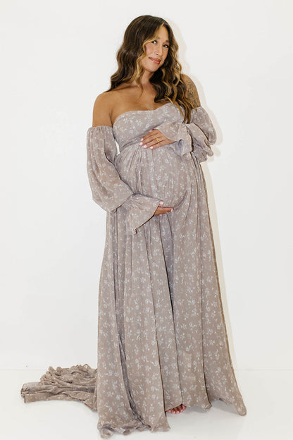 Delilah Maxi Dress with Train in Taupe - Bump Friendly - Sold Out Sizes Restocking in Nov