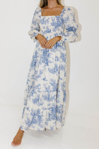 Emerson 100% Cotton Smocked Maxi Dress with Long Sleeves in Scenic Blue - Bump Friendly & Inclusive Sizing