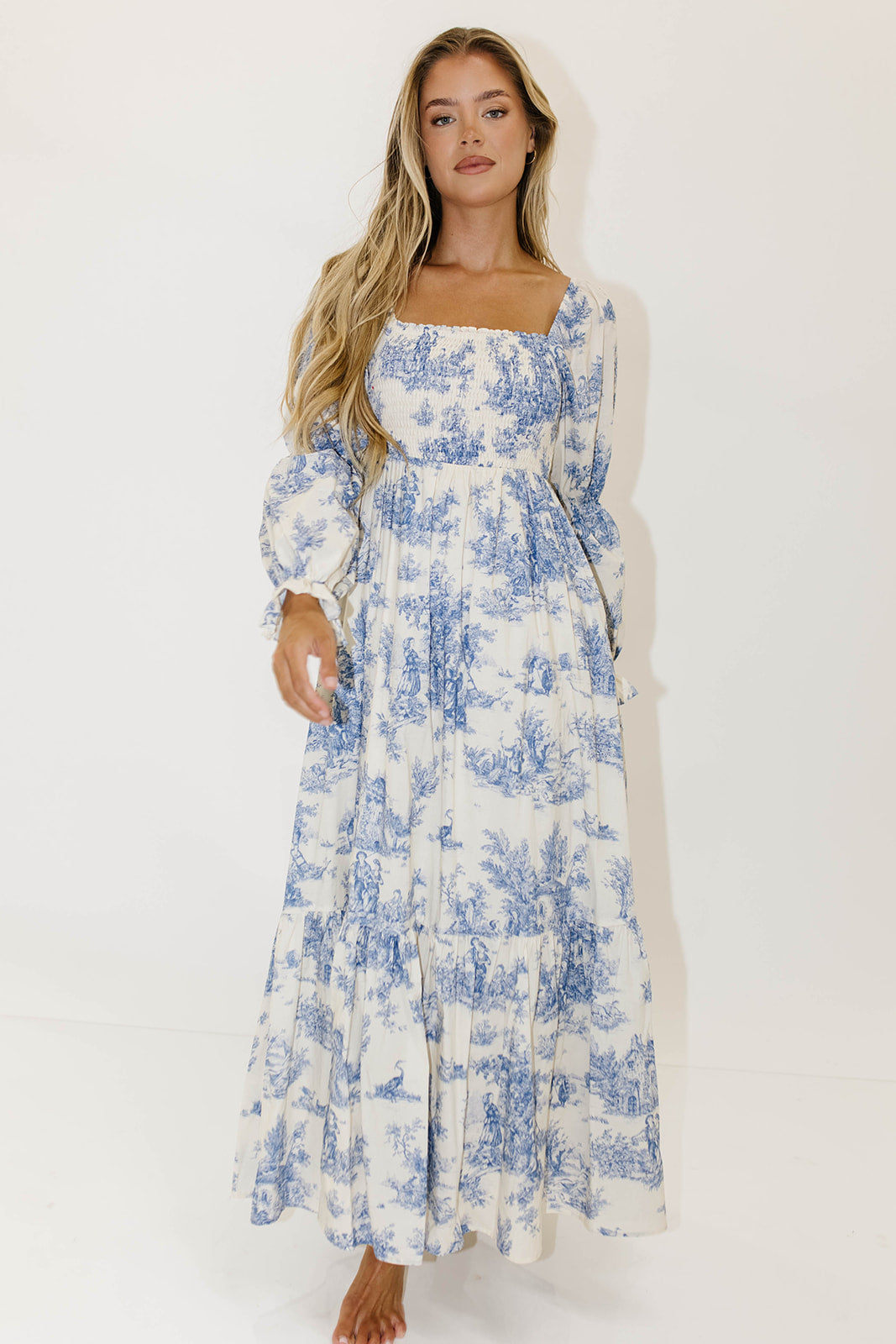 Emerson 100% Cotton Smocked Maxi Dress with Long Sleeves in Scenic Blue - Bump Friendly & Inclusive Sizing