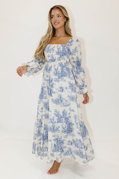 Emerson 100% Cotton Smocked Maxi Dress with Long Sleeves in Scenic Blue - Bump Friendly & Inclusive Sizing