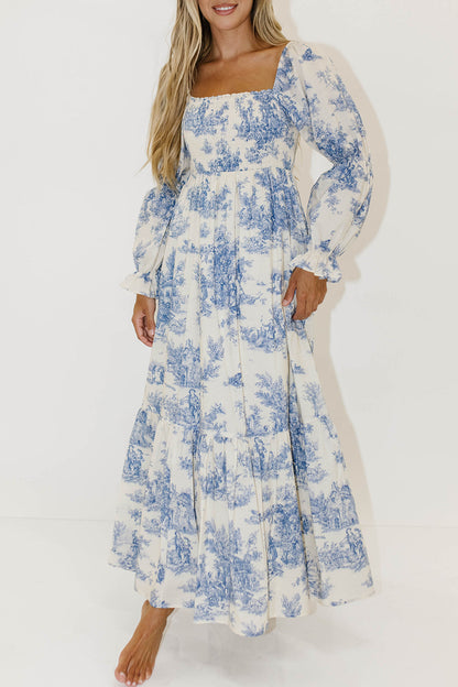 Emerson 100% Cotton Smocked Maxi Dress with Long Sleeves in Scenic Blue - Bump Friendly & Inclusive Sizing