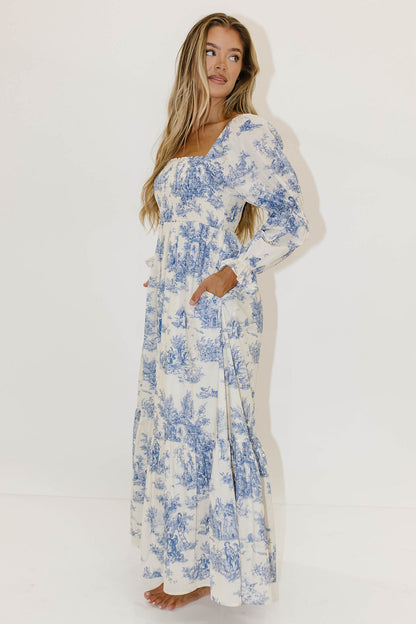 Emerson 100% Cotton Smocked Maxi Dress with Long Sleeves in Scenic Blue - Bump Friendly & Inclusive Sizing