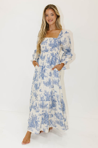 Emerson 100% Cotton Smocked Maxi Dress with Long Sleeves in Scenic Blue - Bump Friendly & Inclusive Sizing
