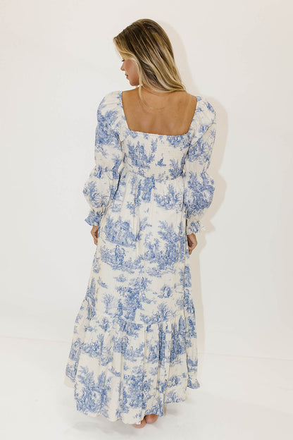 Emerson 100% Cotton Smocked Maxi Dress with Long Sleeves in Scenic Blue - Bump Friendly & Inclusive Sizing