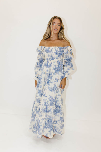 Emerson 100% Cotton Smocked Maxi Dress with Long Sleeves in Scenic Blue - Bump Friendly & Inclusive Sizing