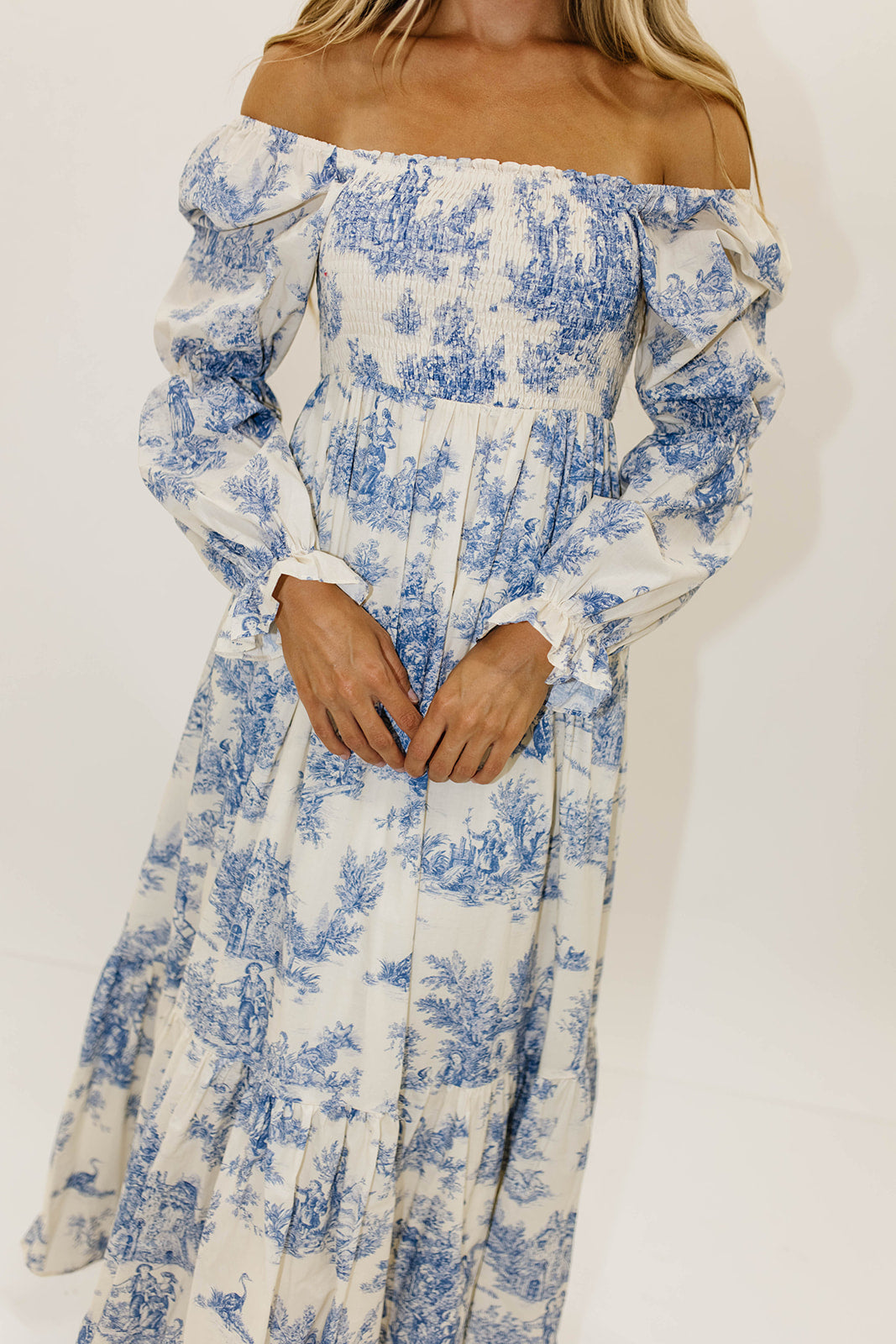 Emerson 100% Cotton Smocked Maxi Dress with Long Sleeves in Scenic Blue - Bump Friendly & Inclusive Sizing