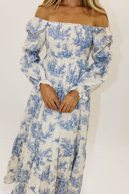 Emerson 100% Cotton Smocked Maxi Dress with Long Sleeves in Scenic Blue - Bump Friendly & Inclusive Sizing