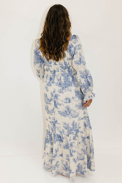 Emerson 100% Cotton Smocked Maxi Dress with Long Sleeves in Scenic Blue - Bump Friendly & Inclusive Sizing