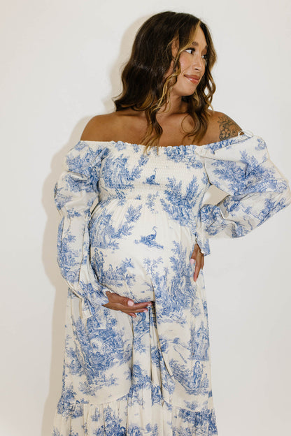 Emerson 100% Cotton Smocked Maxi Dress with Long Sleeves in Scenic Blue - Bump Friendly & Inclusive Sizing