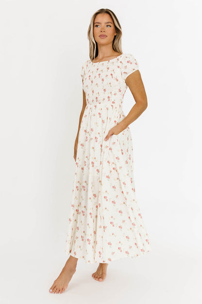 Denise 100% Cotton Smocked Maxi Dress with Piecing and Strappy Back in Cream Floral