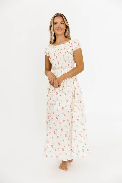 Denise 100% Cotton Smocked Maxi Dress with Piecing and Strappy Back in Cream Floral