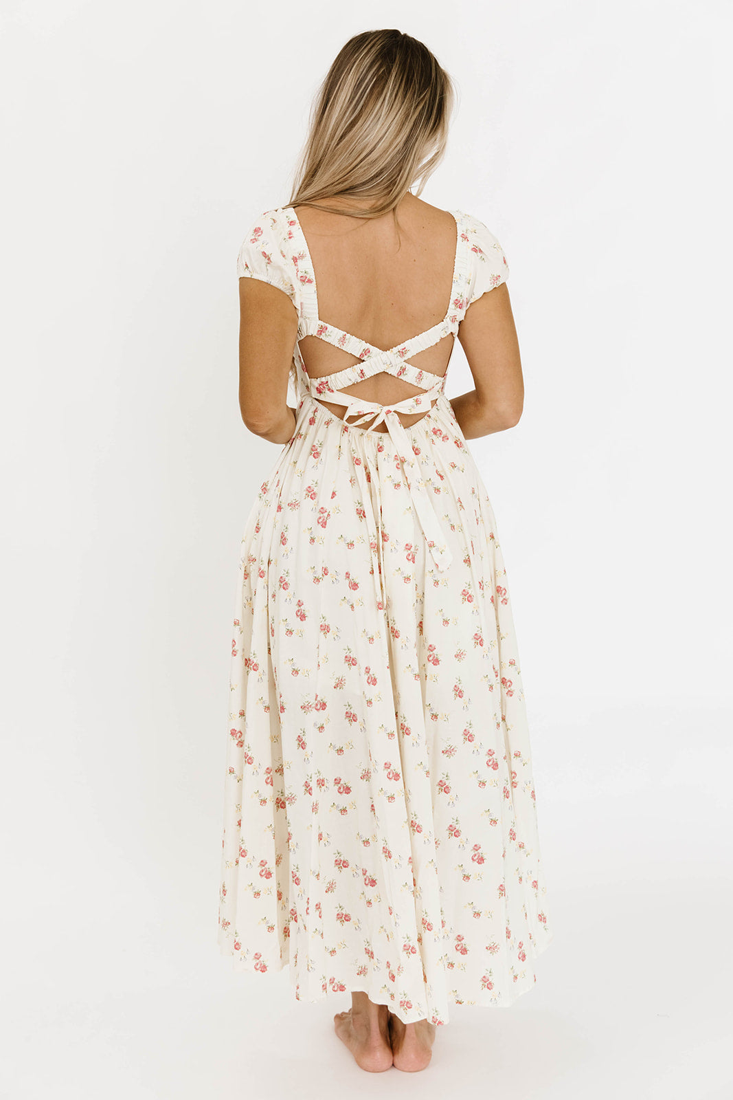 Denise 100% Cotton Smocked Maxi Dress with Piecing and Strappy Back in Cream Floral