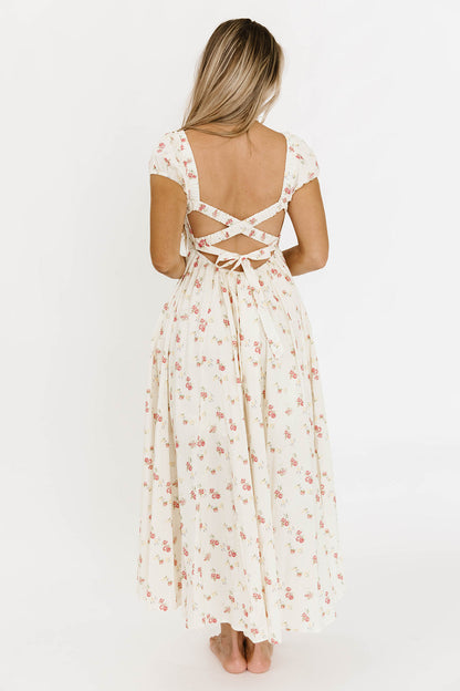 Denise 100% Cotton Smocked Maxi Dress with Piecing and Strappy Back in Cream Floral