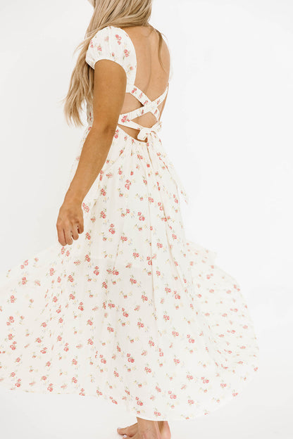 Denise 100% Cotton Smocked Maxi Dress with Piecing and Strappy Back in Cream Floral
