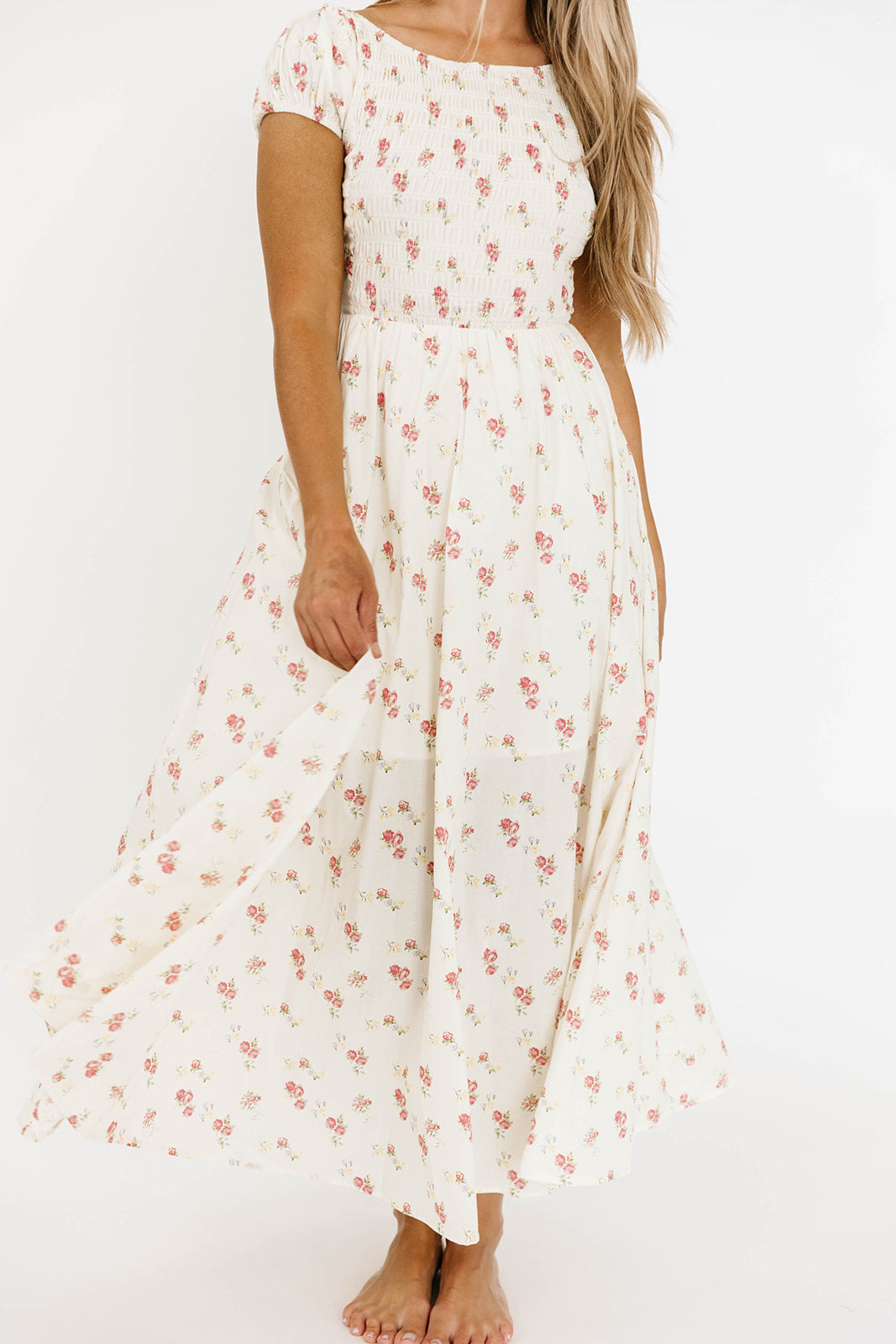 Denise 100% Cotton Smocked Maxi Dress with Piecing and Strappy Back in Cream Floral