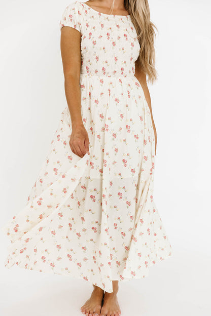 Denise 100% Cotton Smocked Maxi Dress with Piecing and Strappy Back in Cream Floral