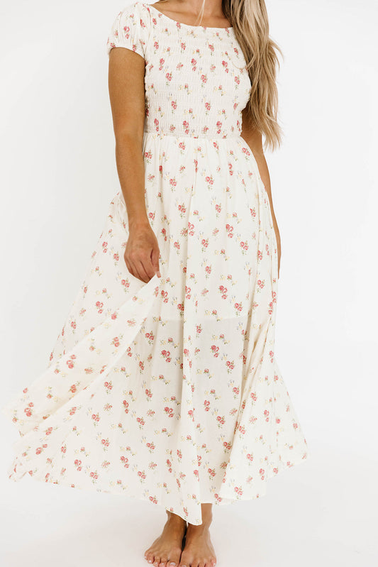 Denise 100% Cotton Smocked Maxi Dress with Piecing and Strappy Back in Cream Floral
