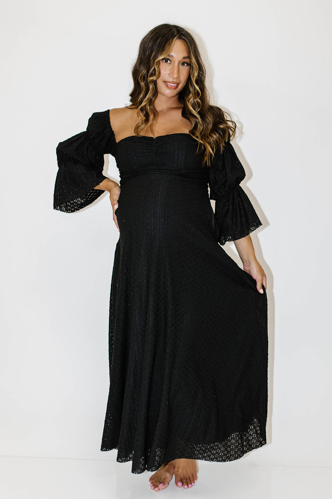 Corrine Tiered Sleeve Maxi Dress with Pockets in Black - Bump Friendly