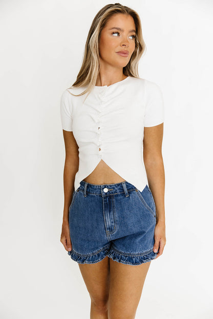 Jen Button Pleated Split Knit Top in Ivory