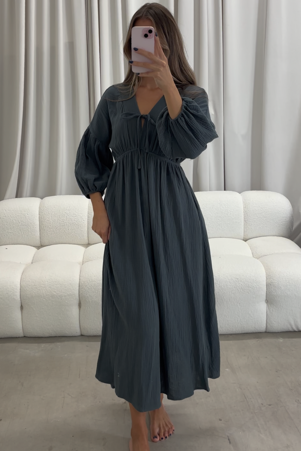 Hunter 100% Cotton Gauze Midi Dress in Dusty Navy - Bump Friendly
