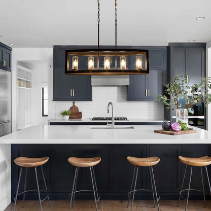 5-Light Mid-Century Modern Industrial Linear Kitchen Island Pendant Vintage Rectangle Glass Chandelier