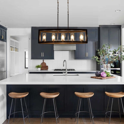 5-Light Mid-Century Modern Industrial Linear Kitchen Island Pendant Vintage Rectangle Glass Chandelier