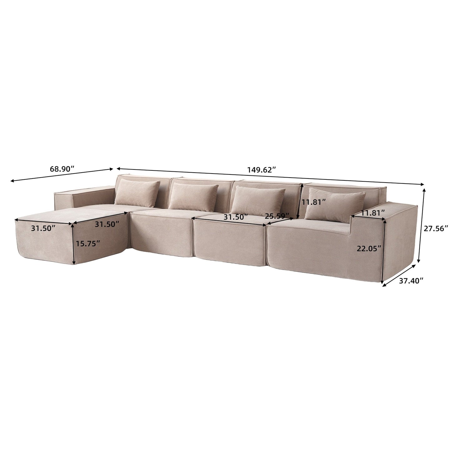 5-Seat L-Shape Modular Sectional Corduroy Sofa Multiple Cushions