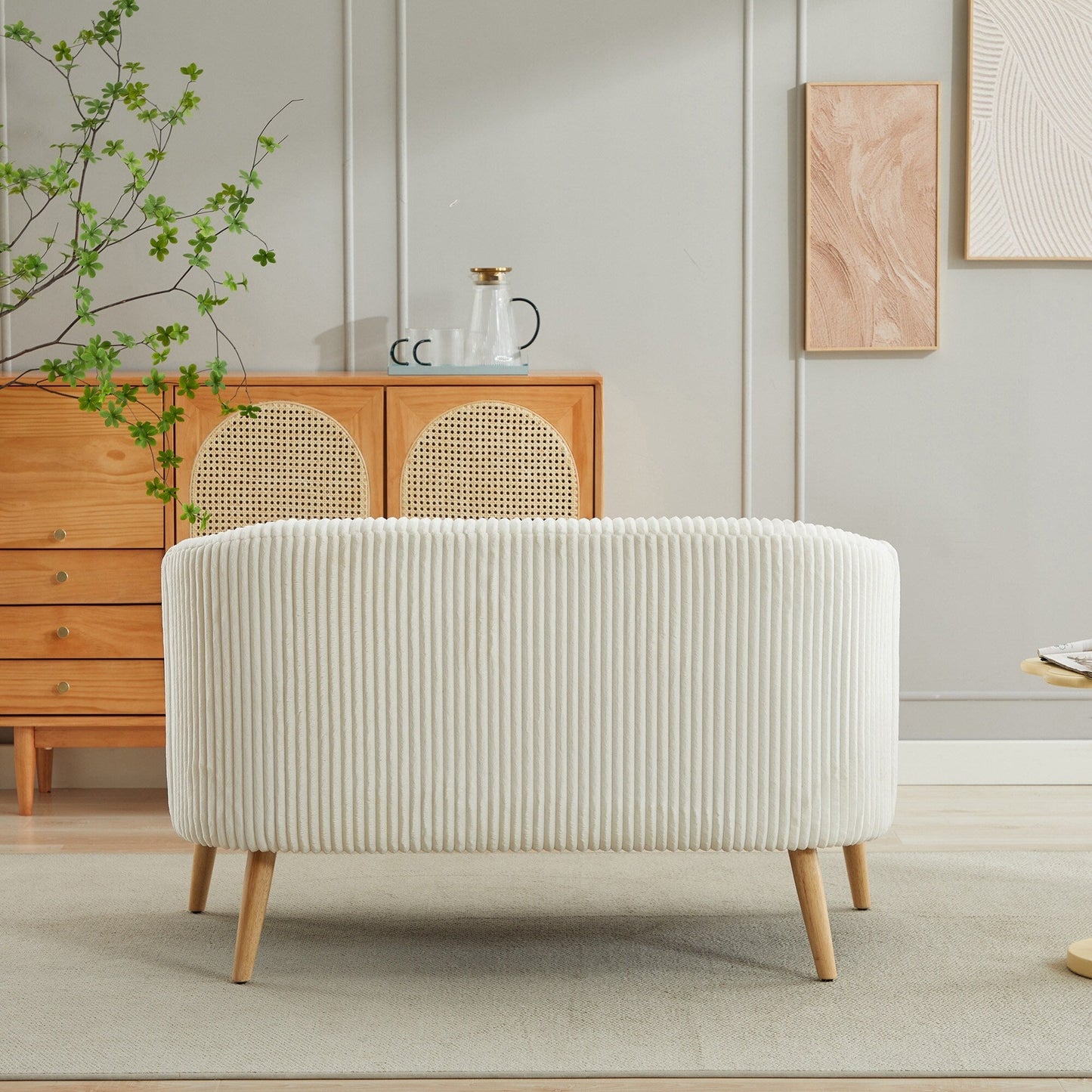 50.78 Modern Loveseat Couch Sofa, Corduroy Fabric Upholstered 2-Seat Sofa, Loveseat with Wooden Nature Legs