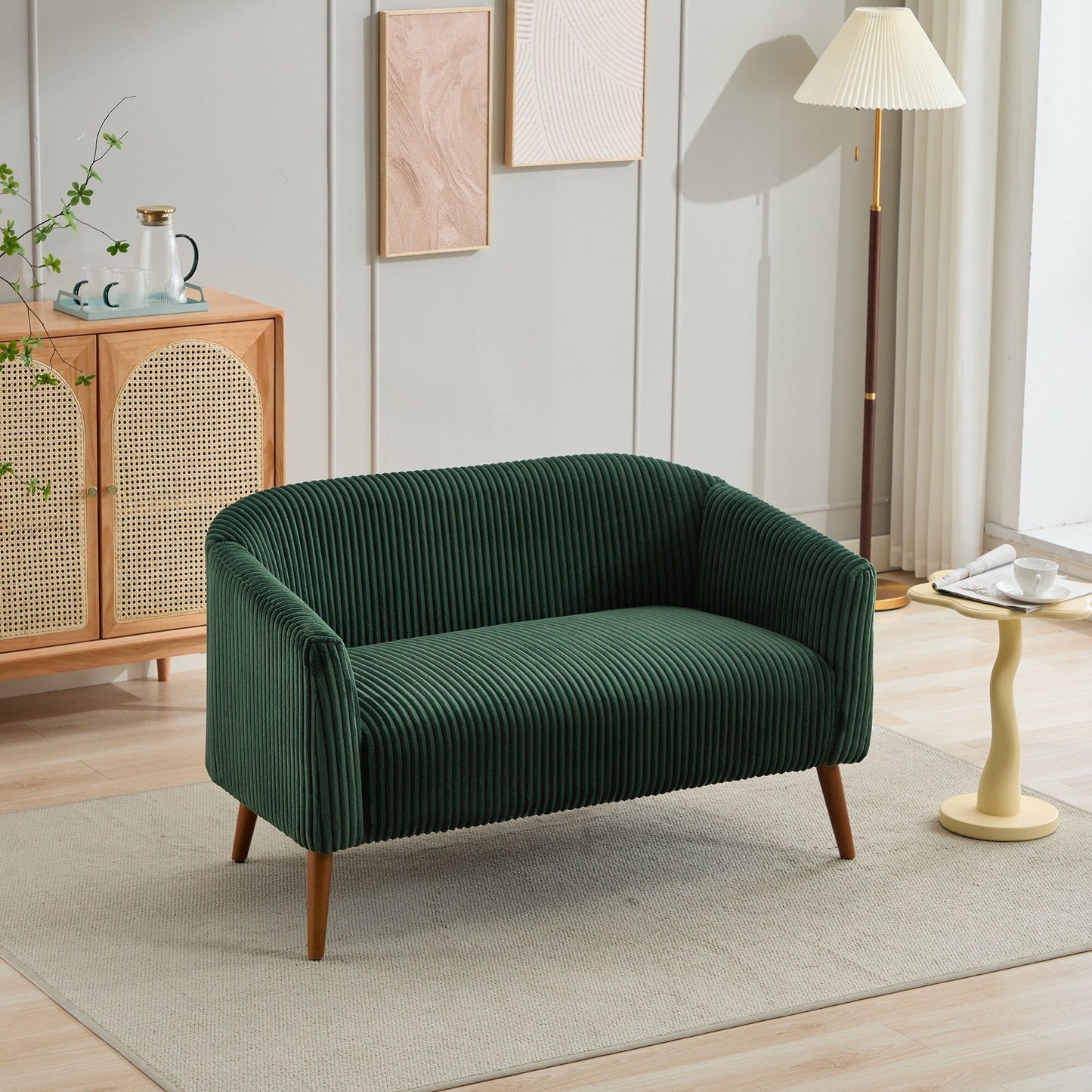 50.78 Modern Loveseat Couch Sofa, Corduroy Fabric Upholstered 2-Seat Sofa, Loveseat with Wooden Walnut Legs