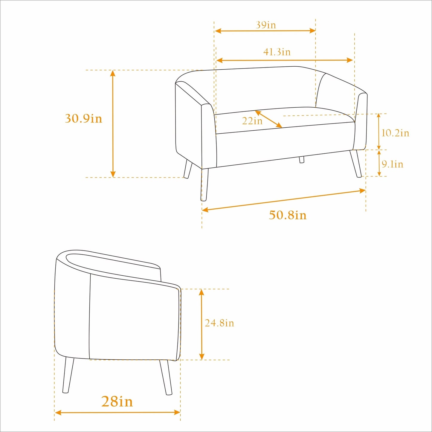 50.78 Modern Loveseat Couch Sofa, Corduroy Fabric Upholstered 2-Seat Sofa, Loveseat with Wooden Walnut Legs
