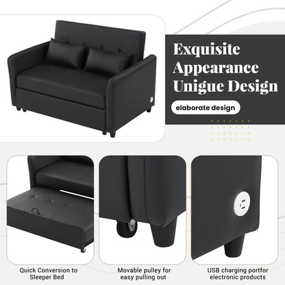 51.57 PU Convertible Sleeper Sofa with 3 USB Ports, 400lb Capacity, and Pull-Out Bed Mechanism