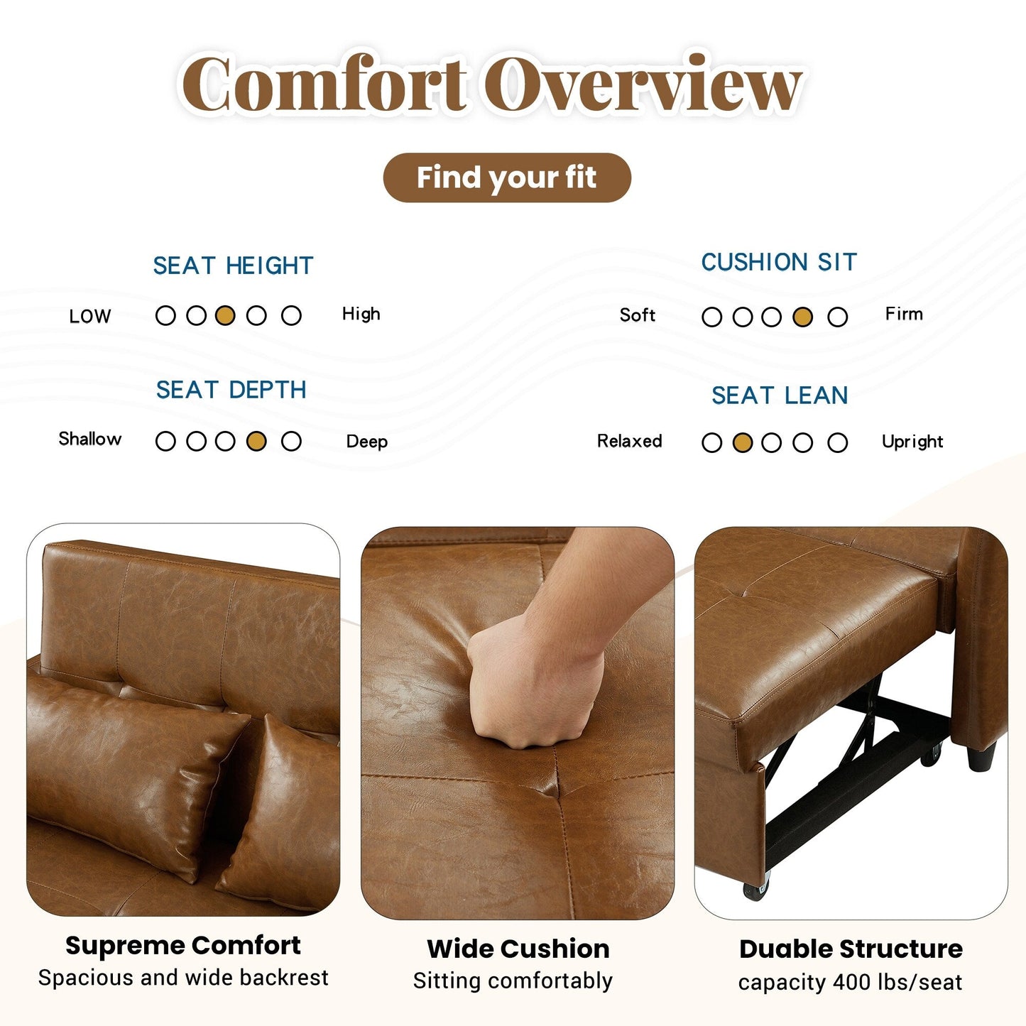 51.57 PU Convertible Sleeper Sofa with 3 USB Ports, 400lb Capacity, and Pull-Out Bed Mechanism