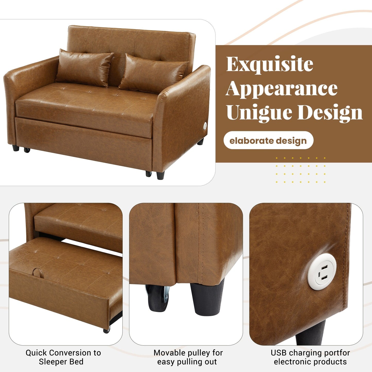 51.57 PU Convertible Sleeper Sofa with 3 USB Ports, 400lb Capacity, and Pull-Out Bed Mechanism