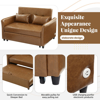 51.57 PU Convertible Sleeper Sofa with 3 USB Ports, 400lb Capacity, and Pull-Out Bed Mechanism