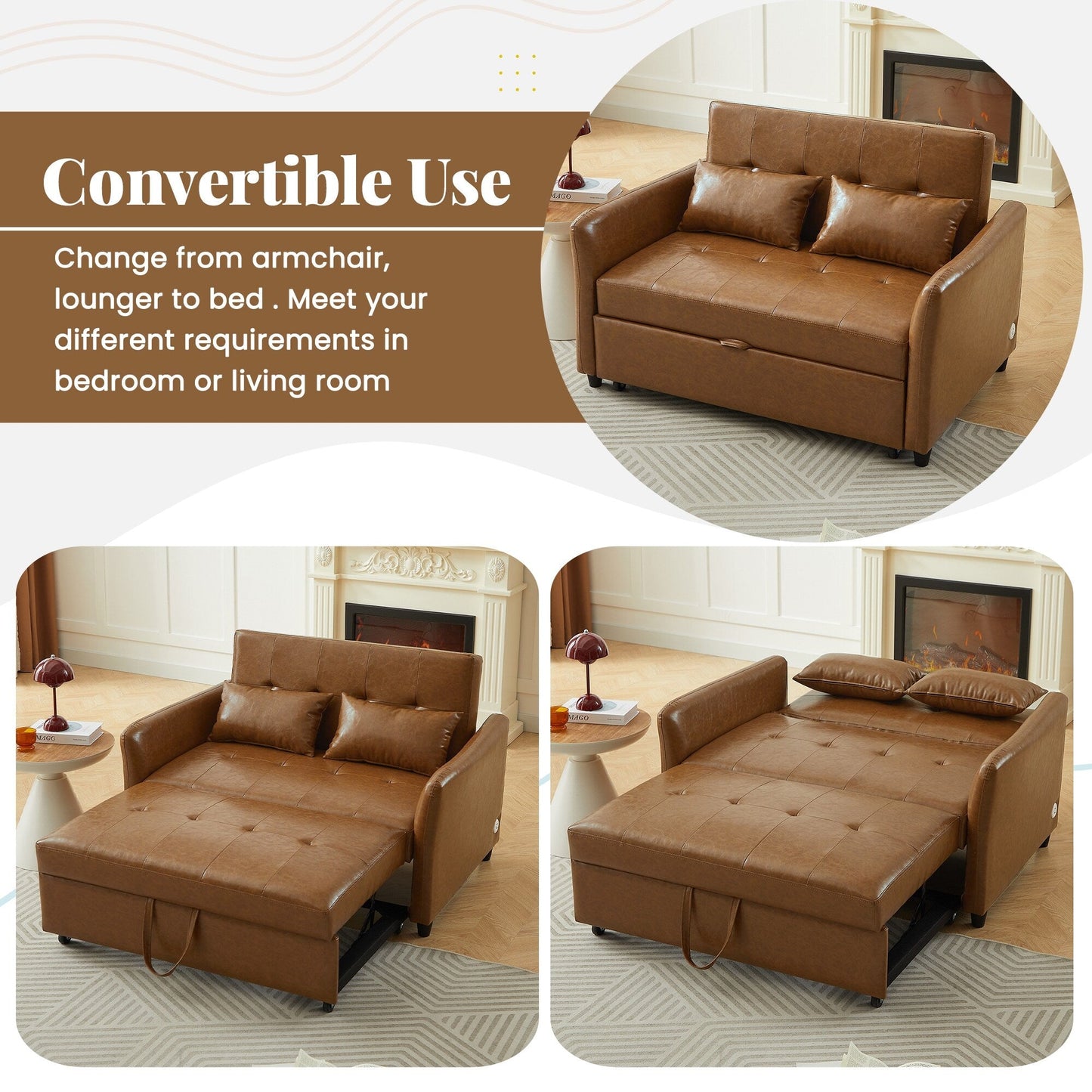 51.57 PU Convertible Sleeper Sofa with 3 USB Ports, 400lb Capacity, and Pull-Out Bed Mechanism
