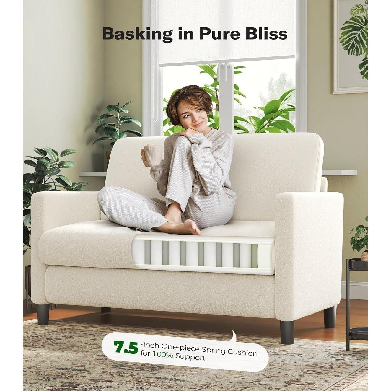 51 Comfy Teddy Loveseat Sofa for Small Spaces - All-Wood Frame, Tool-Free Setup Couch for Bedroom & Living Room, Beige