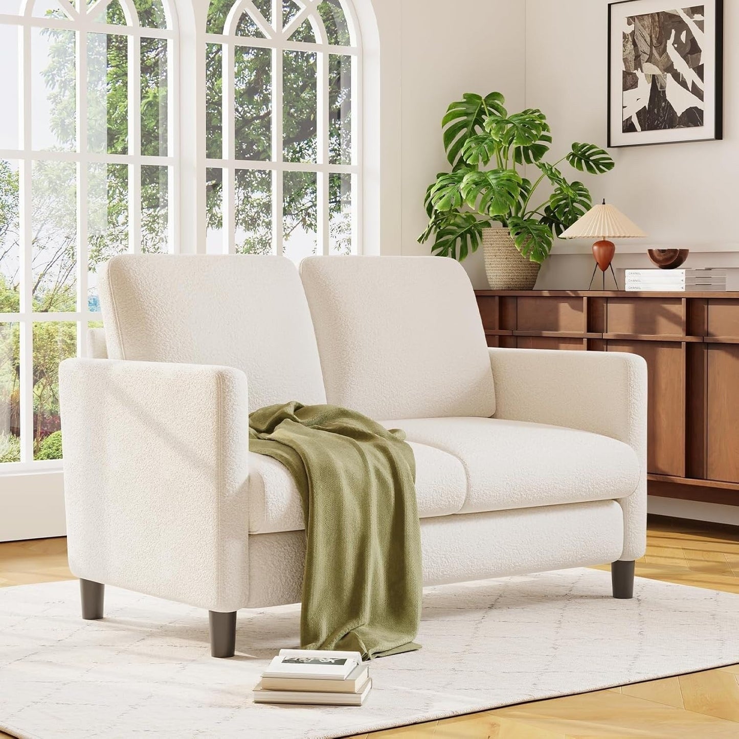 51 Comfy Teddy Loveseat Sofa for Small Spaces - All-Wood Frame, Tool-Free Setup Couch for Bedroom & Living Room, Beige