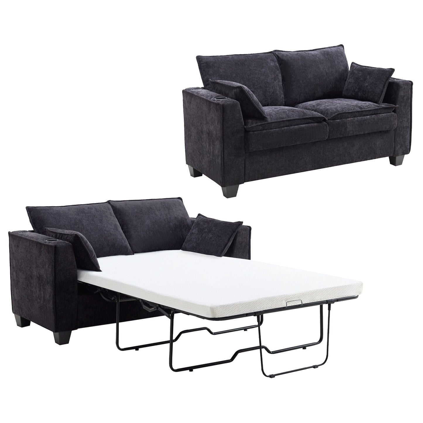 52.36 Plywood 2-Seater Sleeper Sofa with Memory Foam Topper - Solid Wood Slat Bed Frame and Cup Holders