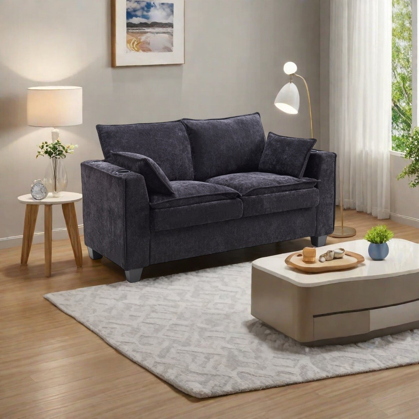 52.36 Plywood 2-Seater Sleeper Sofa with Memory Foam Topper - Solid Wood Slat Bed Frame and Cup Holders