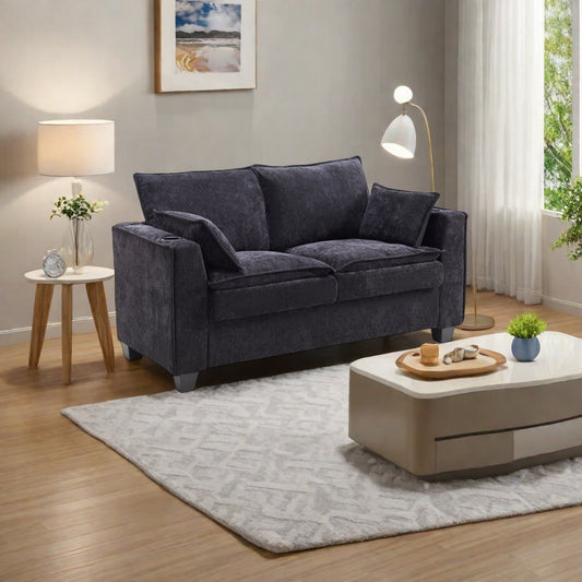52.36 Plywood 2-Seater Sleeper Sofa with Memory Foam Topper - Solid Wood Slat Bed Frame and Cup Holders