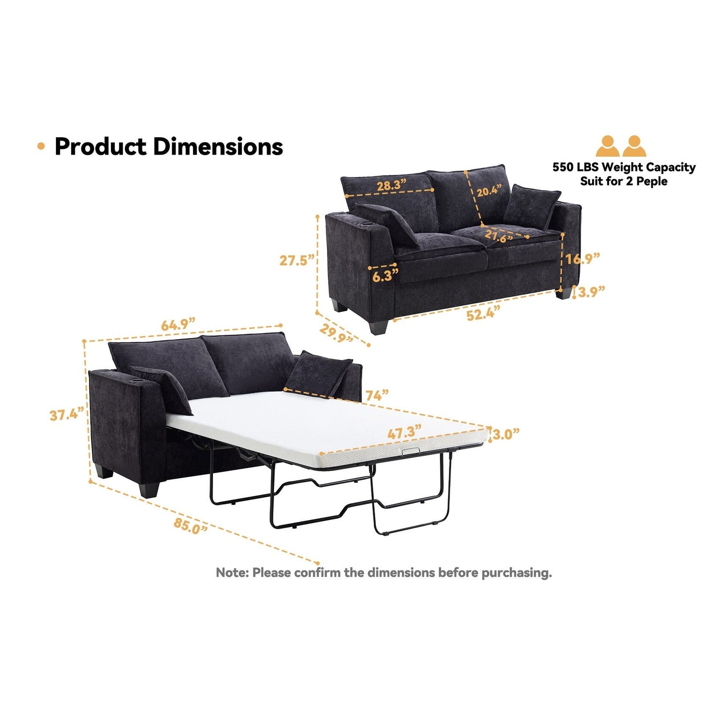 52.36 Plywood 2-Seater Sleeper Sofa with Memory Foam Topper - Solid Wood Slat Bed Frame and Cup Holders