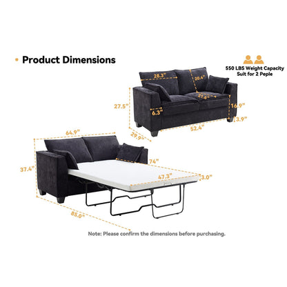 52.36 Plywood 2-Seater Sleeper Sofa with Memory Foam Topper - Solid Wood Slat Bed Frame and Cup Holders